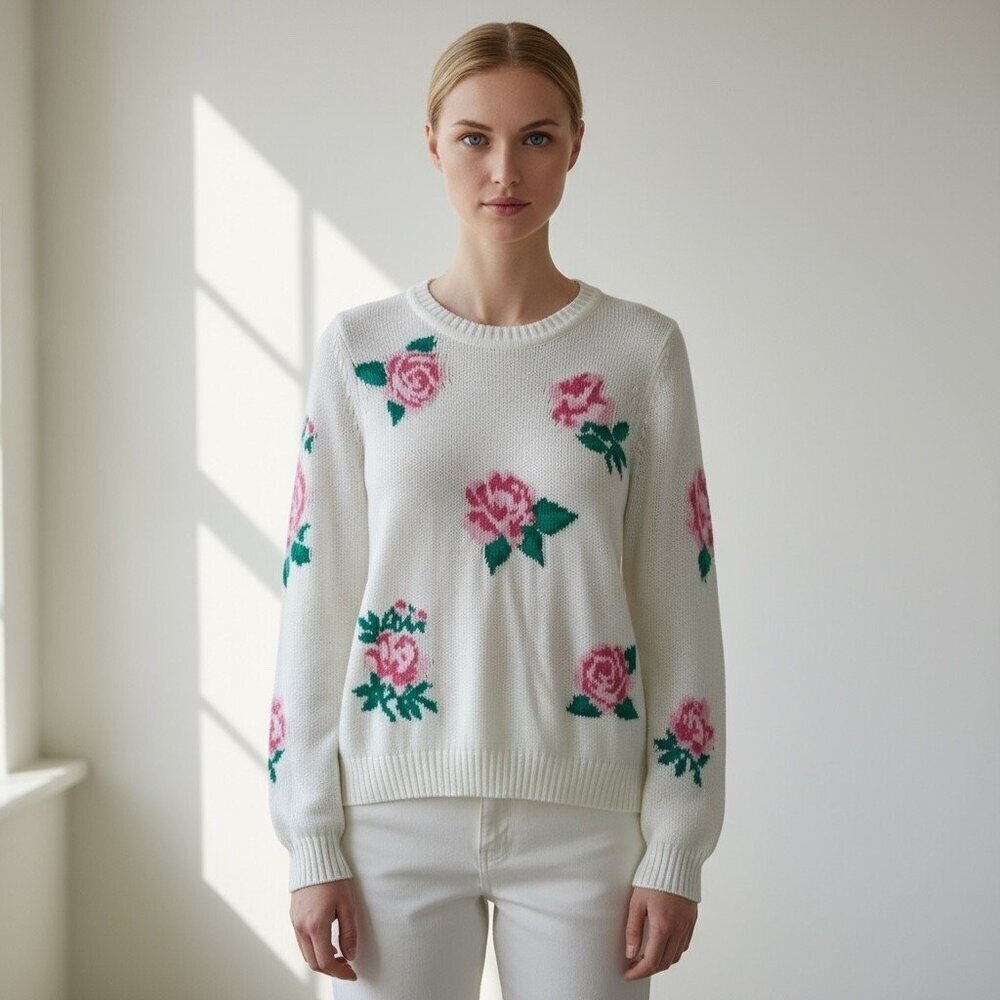 Chaser White Floral Knit Sweater - Size L - Cotton Blend